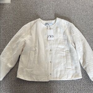 New Zara White Textured Quilted Bomber Jacket Coat Top S